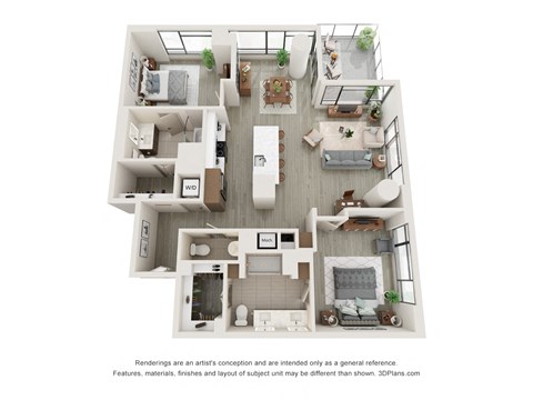 Floor plan for 2 beds, 3 baths, 1451 sqft
